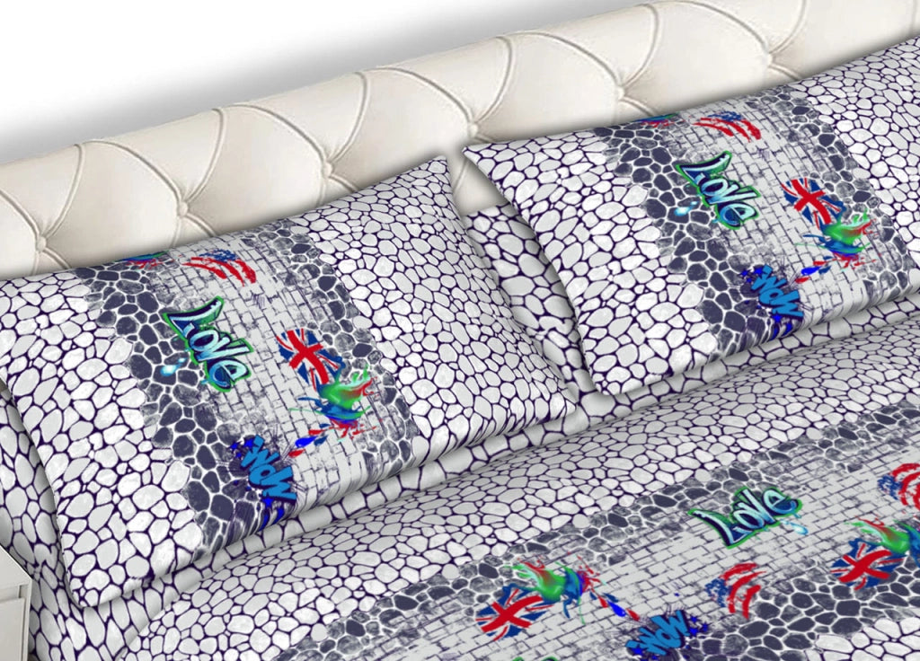 Completo Lenzuola Letto Matrimoniale 100% Cotone Made Italy Dis. Street Art CN - 2 Piazze - Blu