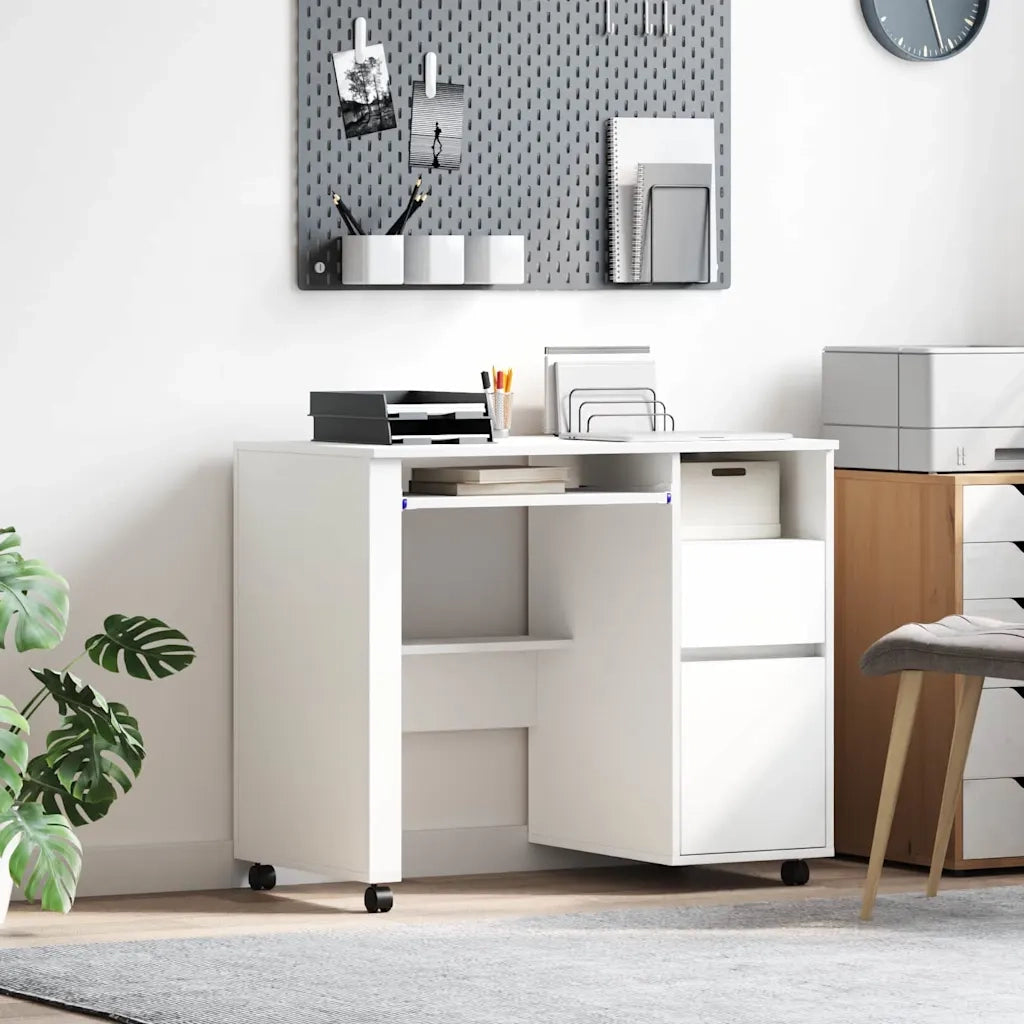 Scrivania | Tavolo da Ufficio con Ruote Bianco 91 x 50 x 77 cm Legno multistrato
