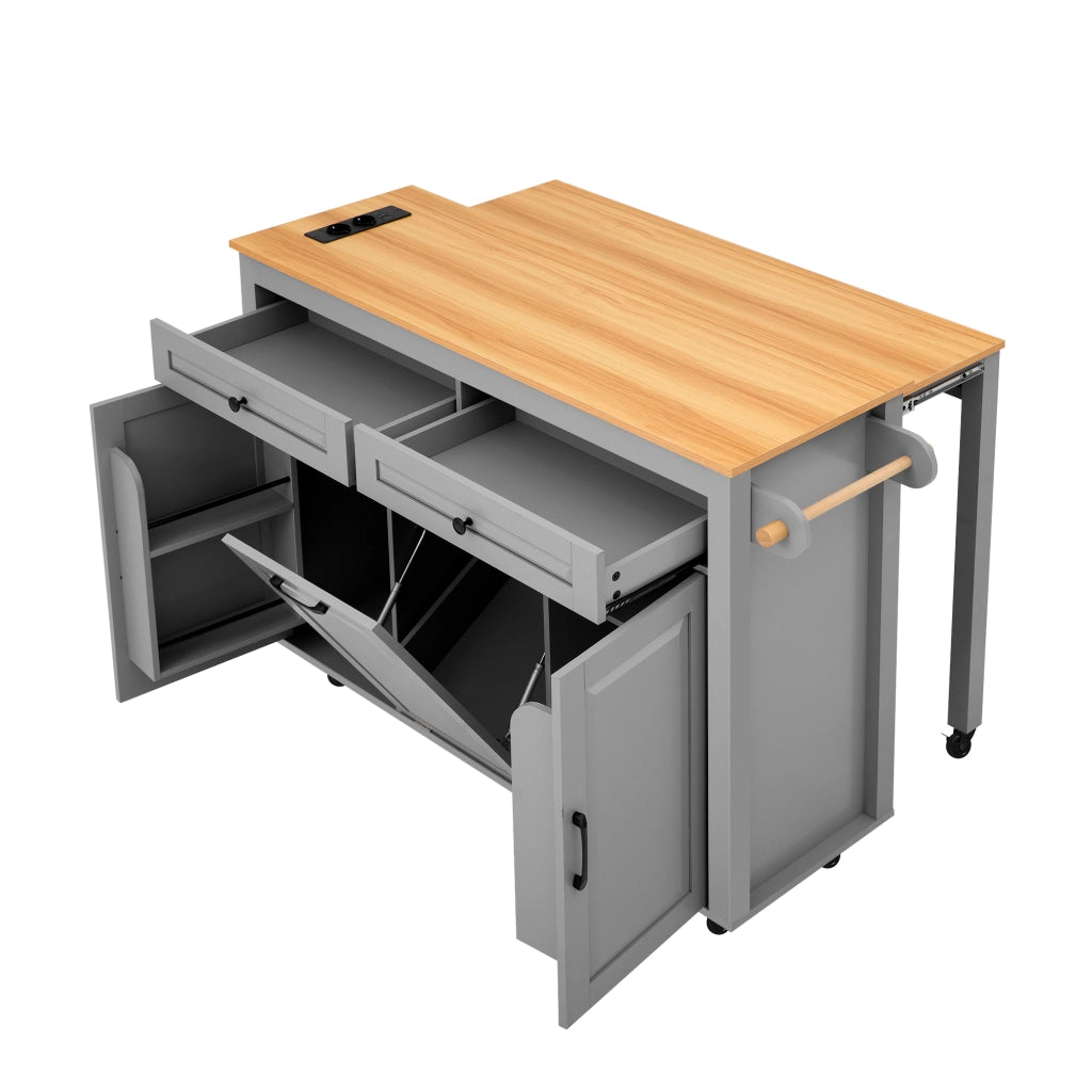 Isola Cucina Mobile con Ruote e Piano Estensibile 120×40-75 cm; Vano Porta Rifiuti; Prese AC/USB-C e Spazio Contenitore Grigio