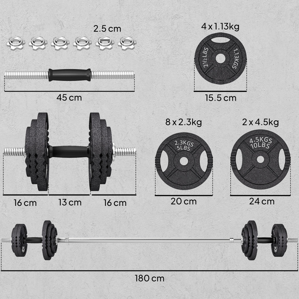 Pesi per Palestra 2 in 1 da 42 kg con 14 Dischi Bilanciere e Manubri in Acciaio Nero