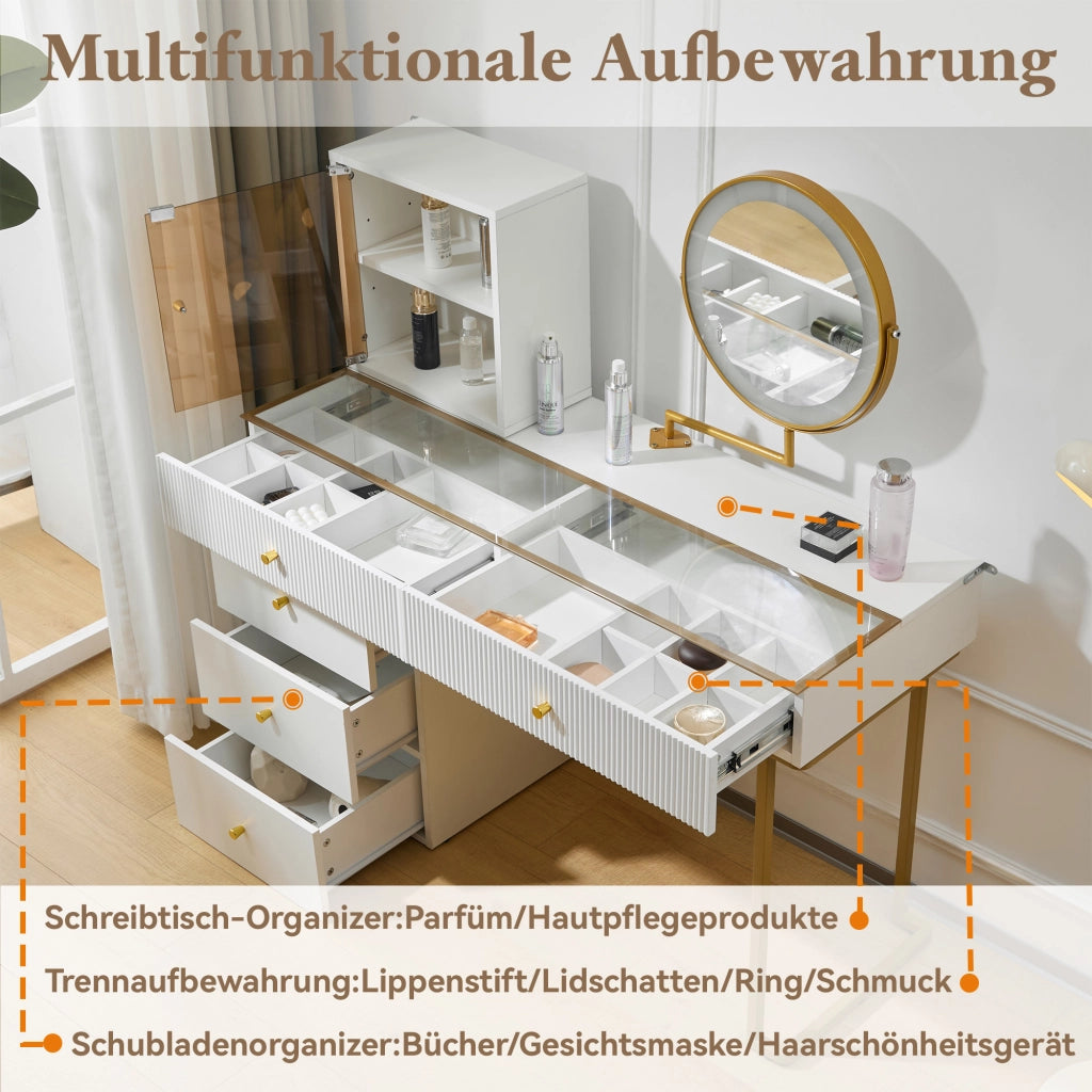 TAVOLO TOELETTA con specchio LED 120x45x115 cm Bianco e Oro