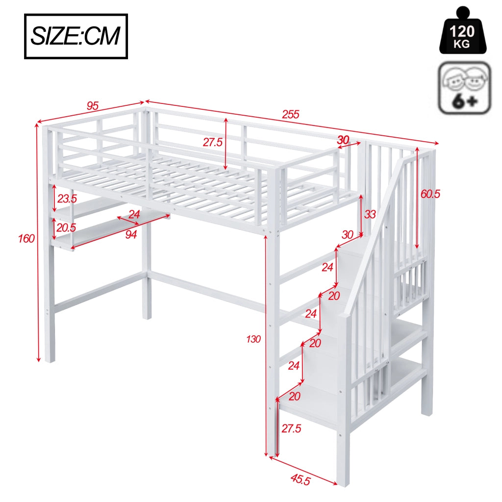 LETTO A CASTELLO 90x200 cm con ripiani, scala contenitore, bianco