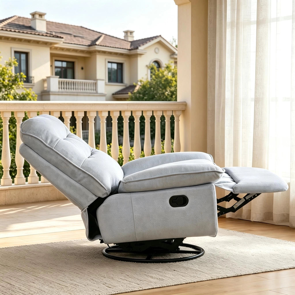 Poltrona relax girevole con schienale reclinabile e vano portaoggetti nascosto in tessuto effetto lino azzurro chiaro