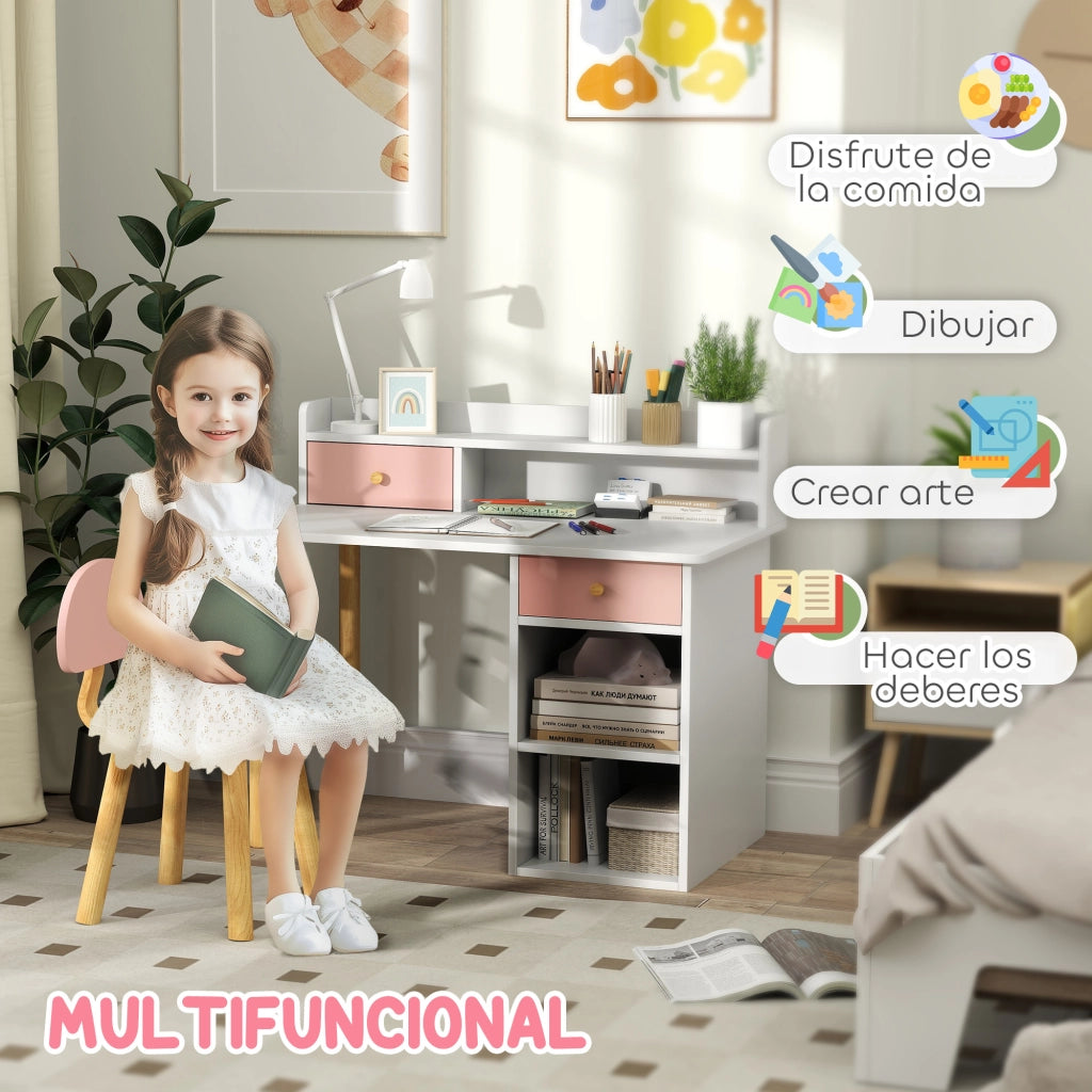 Scrivania per Bambini con Cassetti e Scaffale ¨C Minimal ¨C Rosa e Bianco