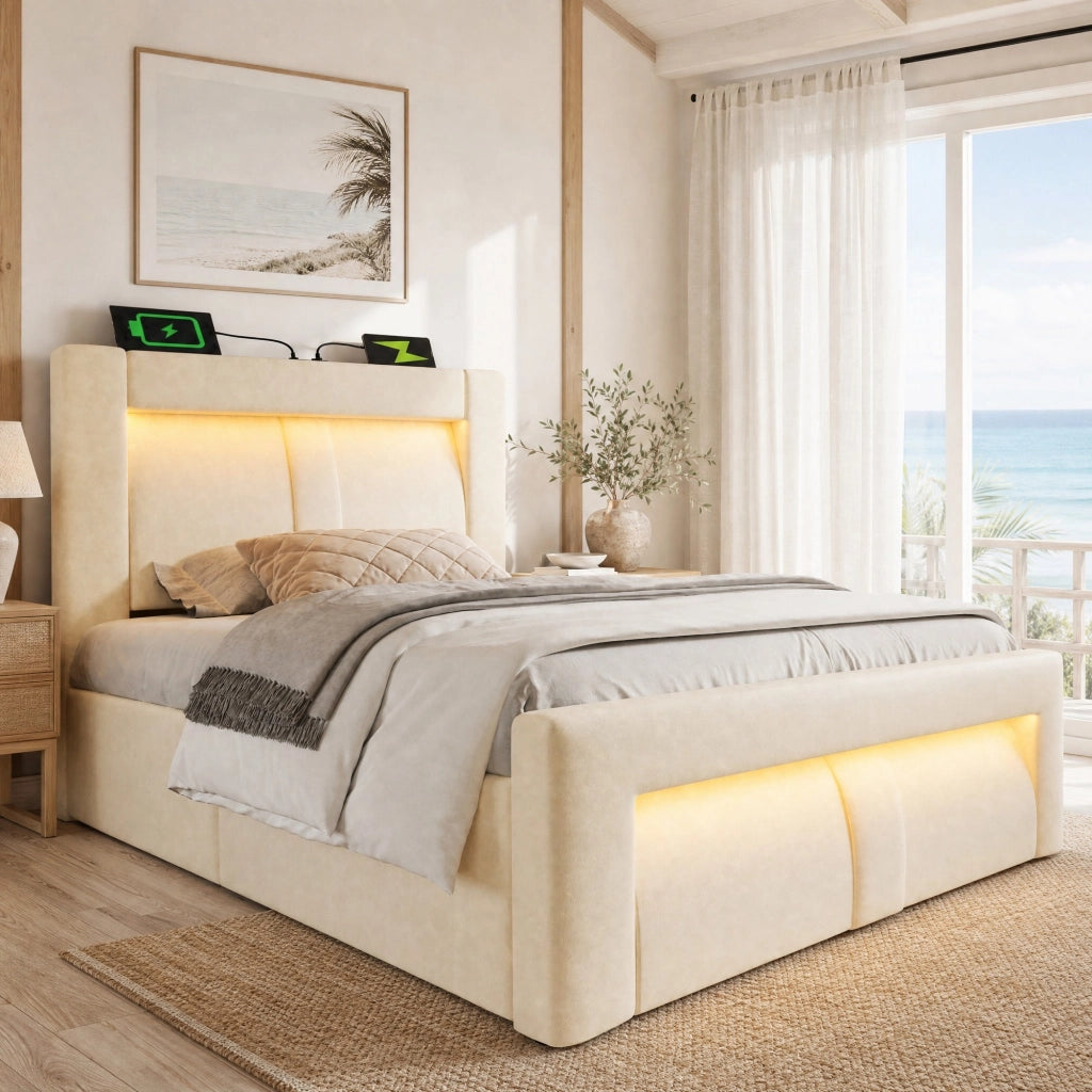 LETTO Singolo 90x200 cm in velluto beige con LED e porte USB/Type-C