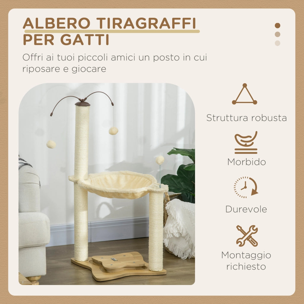 Tiragraffi per Gatti con Amaca, Palline e Pali in Sisal ¨C Minimal ¨C Beige, 53.5x53.5x90 cm