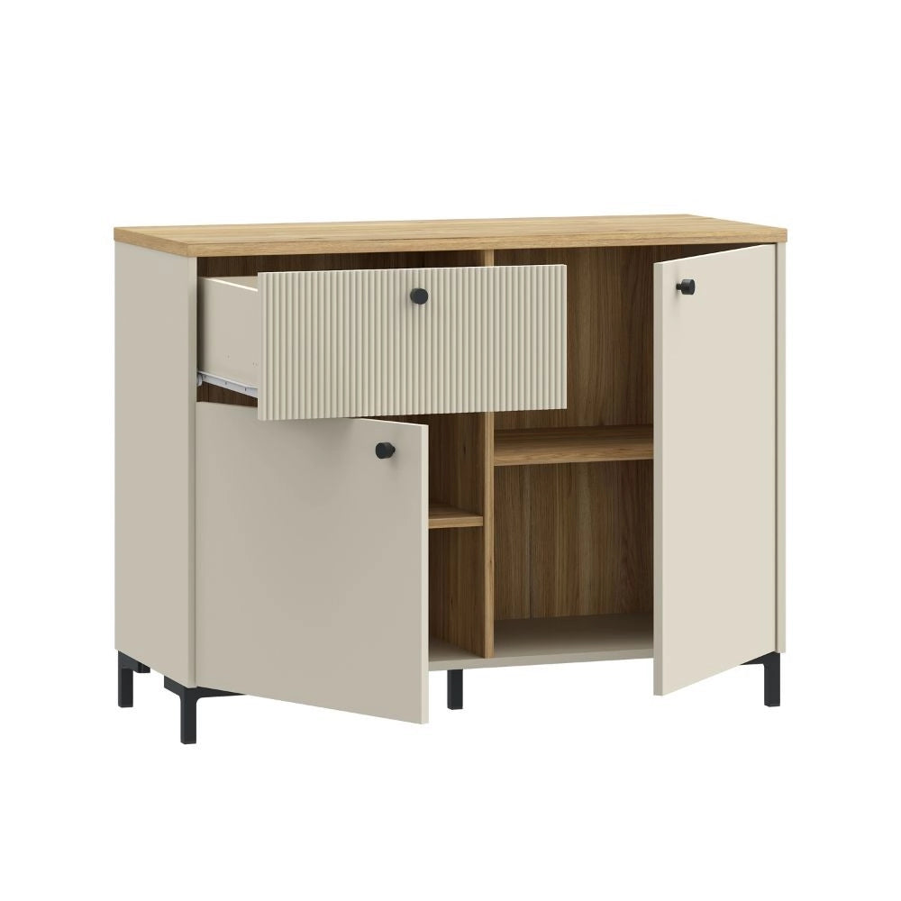 Madia Unit Cashmere con 2 Ante, Cassetto Cannettato e Top Rovere