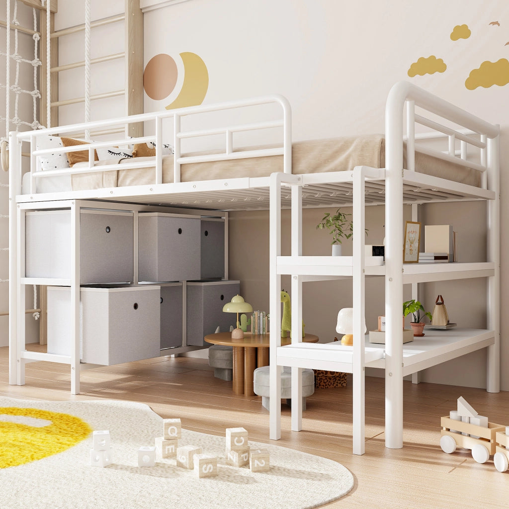 Letto a soppalco per bambini 90×200 cm 1 posto con cassetti e mensole; senza materasso; in metallo e MDF; bianco