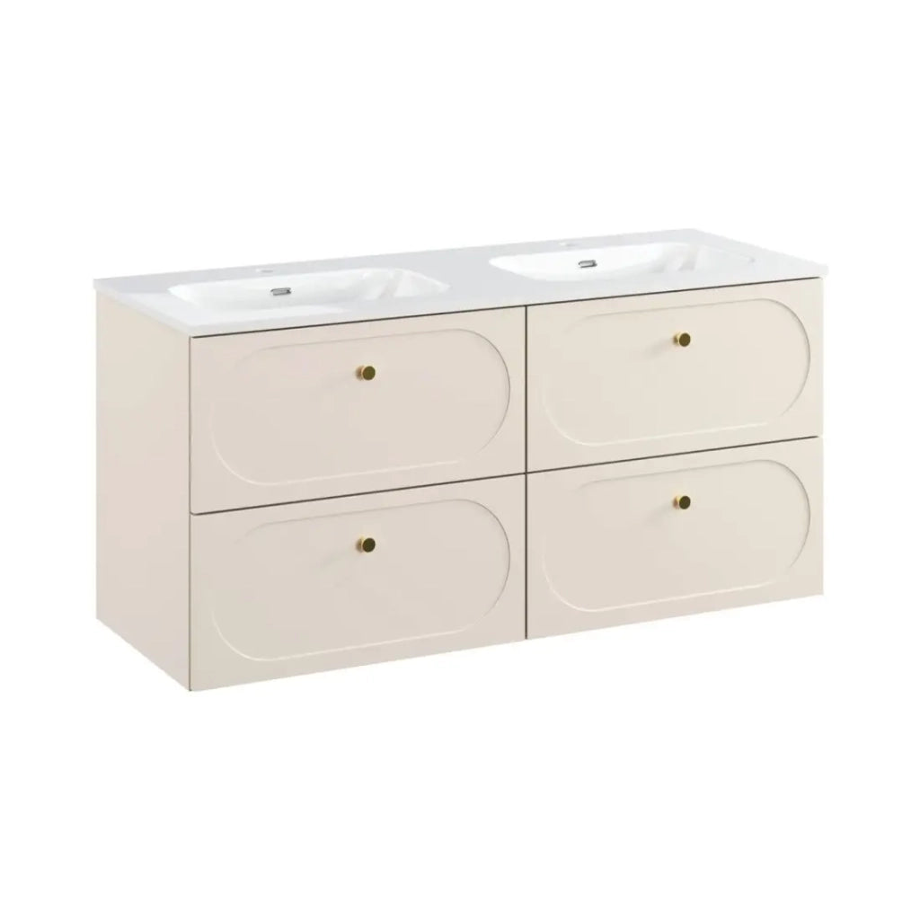 Set da bagno TORNADO: mobili sotto lavabo 120cm beige + doppio lavabo incassato bianco