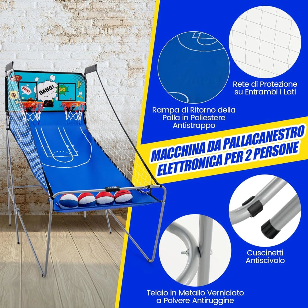 Macchina da Pallacanestro Elettronica Pieghevole, Gioco Arcade da Basket a Doppio Tiro per Casa con 8 Modalità di Gioco, Suono Arcade, Punteggio Elettronico, 4 Palloni e Pompa (Azzurro)