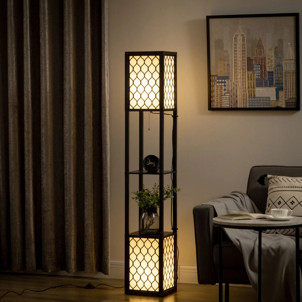 Lampada da Terra con Ripiani ¨C Xylo ¨C Legno Nero e Bianco 26x26x156cm