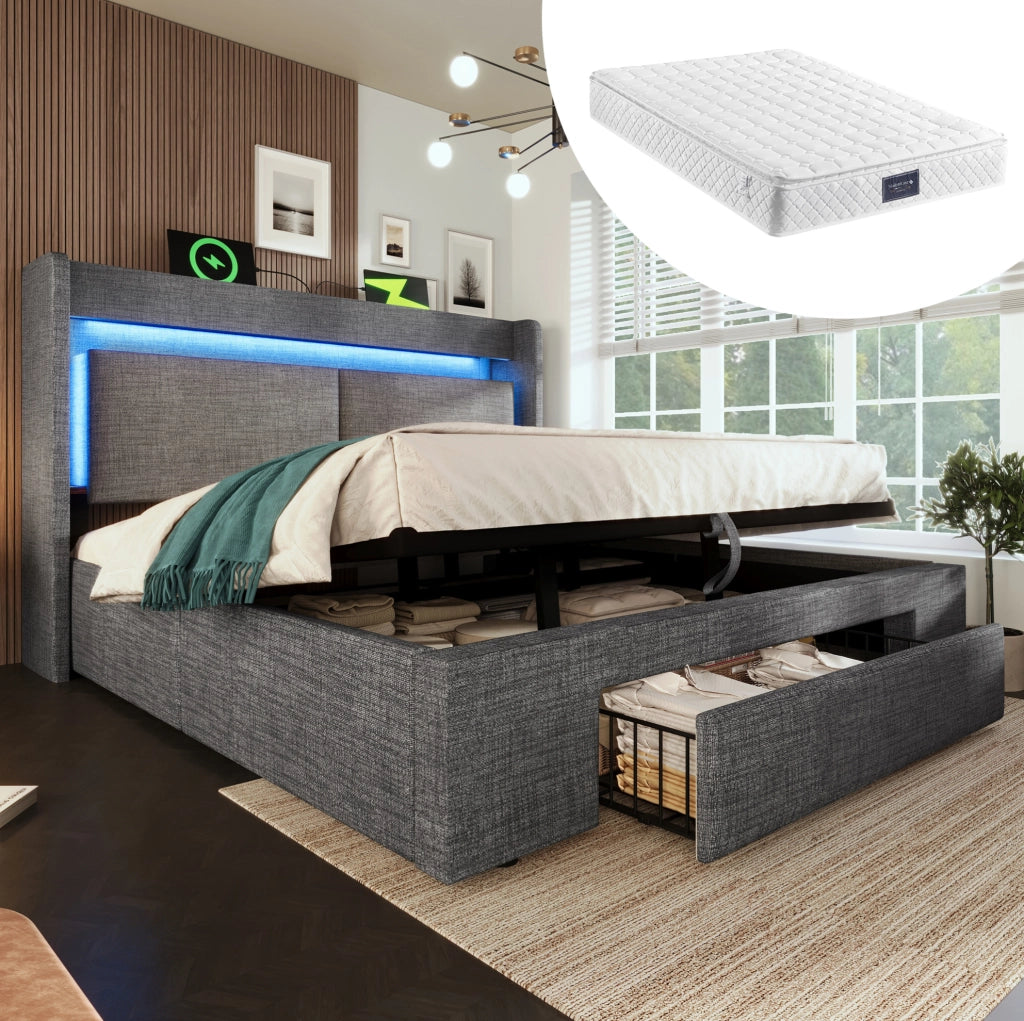 Letto matrimoniale 140x200 cm con contenitore idraulico; LED; prese USB e USB-C; grigio in lino; con materasso