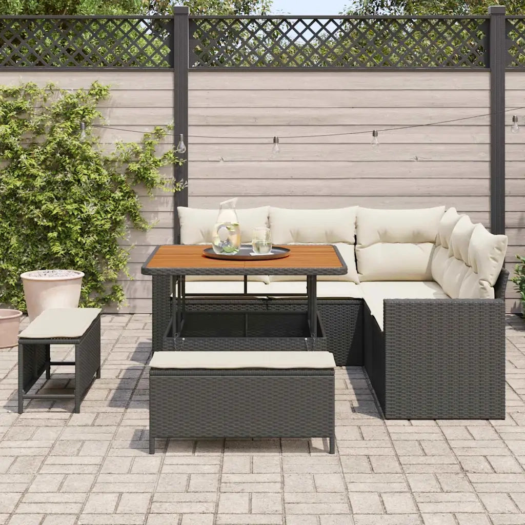 Set Divano da Giardino 9 pcs Nero e Crema polyrattan