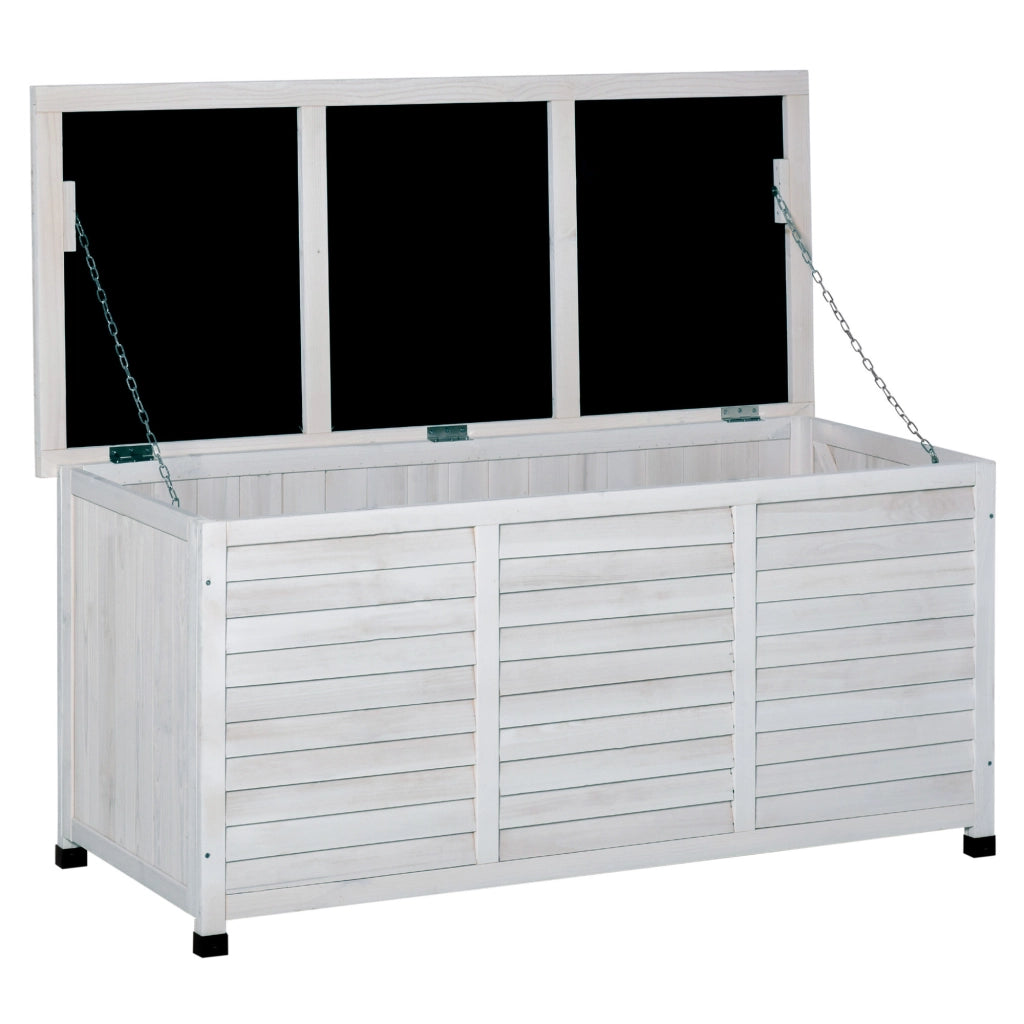 Baule da Esterno in Legno di Abete con Base Rialzato e Coperchio, Cassapanca Contenitore da Esterno Impermeabile, 127x56x60 cm, Bianco