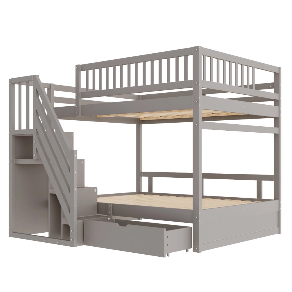 Letto a castello in legno massello 140x200 cm grigio con scala contenitore e cassetti