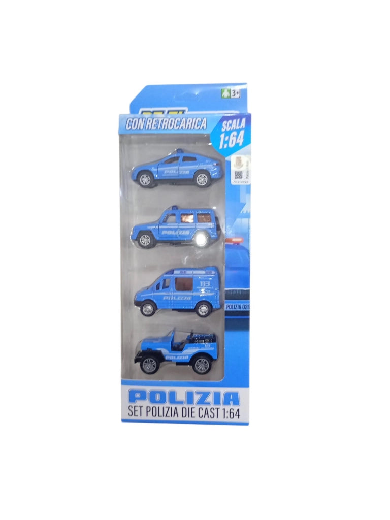 Set 4 veicoli a retrocarica Polizia, Scala1:64, Reel Toys, Eta 3+