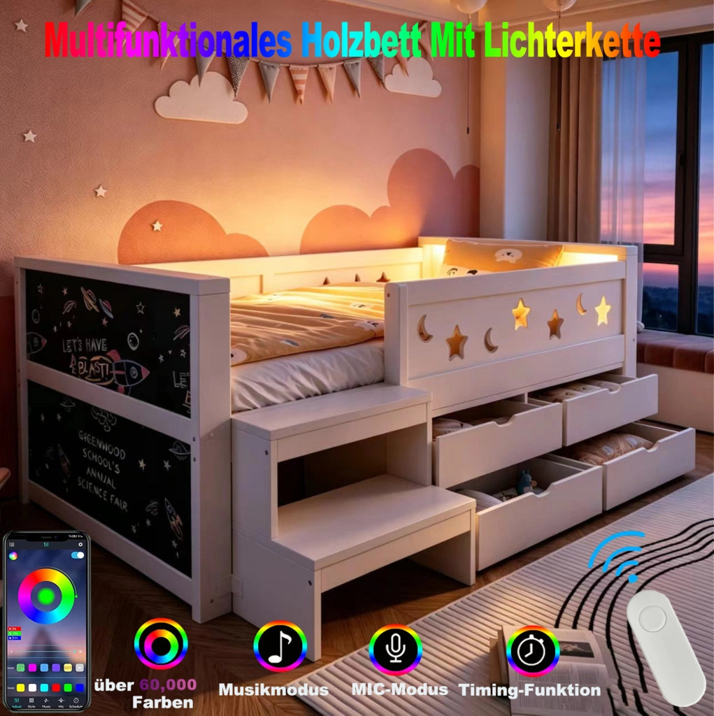 Letto singolo per bambini 90x200 cm in legno bianco con sponde traforate; cassetti e LED