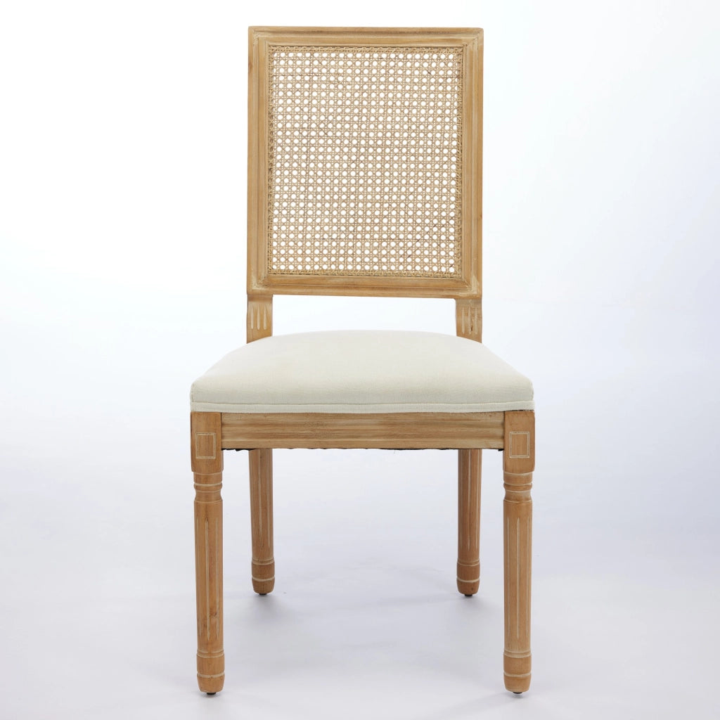 Set di 2 sedie da pranzo in stile rustico francese, struttura in legno massello anticato, schienale quadrato in rattan intrecciato, seduta rivestita i