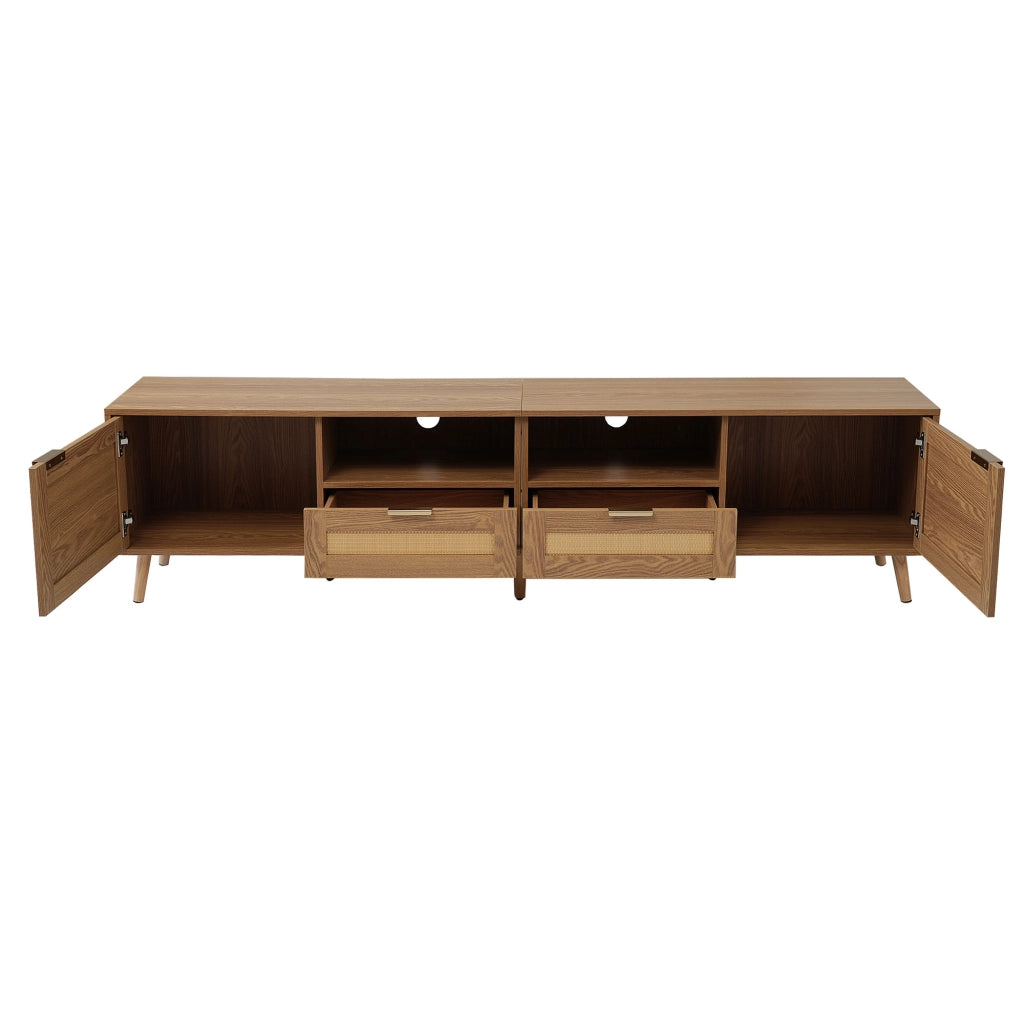 Mobile TV in truciolare effetto rovere con dettagli in rattan sintetico, 200x37x49 cm, 2 ante, 2 cassetti, gambe regolabili, montaggio facile