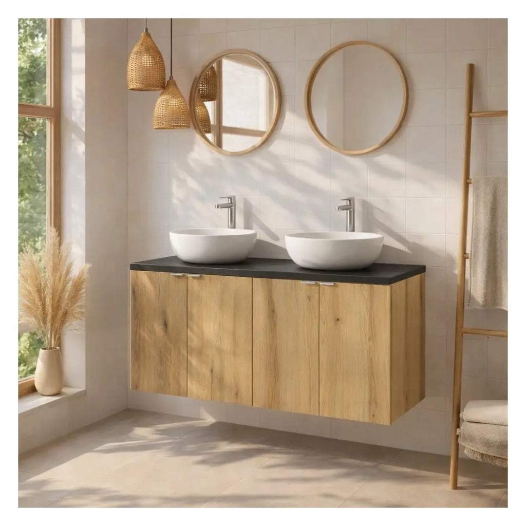 Set bagno sospeso VANO in rovere e nero 100cm: mobile sottolavabo con armadietti + piano per lavabo