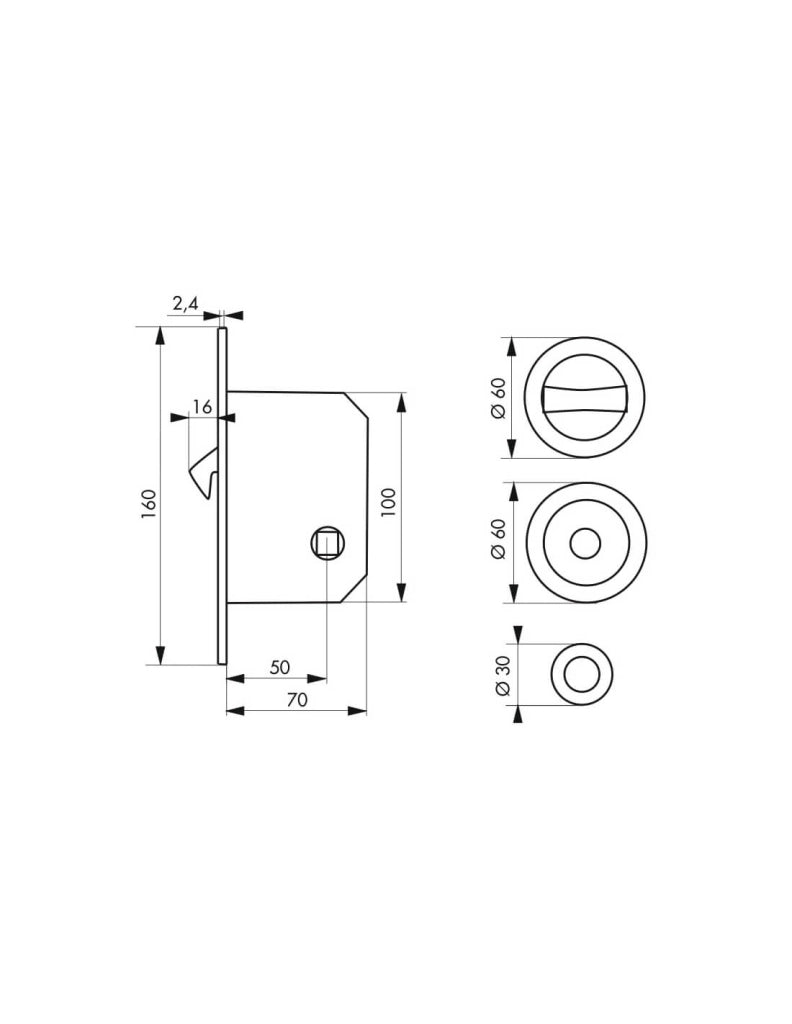 Serratura a gancio per porta scorrevole, asse 50 mm, chiusura WC, finitura ottone – THIRARD