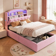 Letto imbottito 90x200 con contenitore, LED e USB, rosa