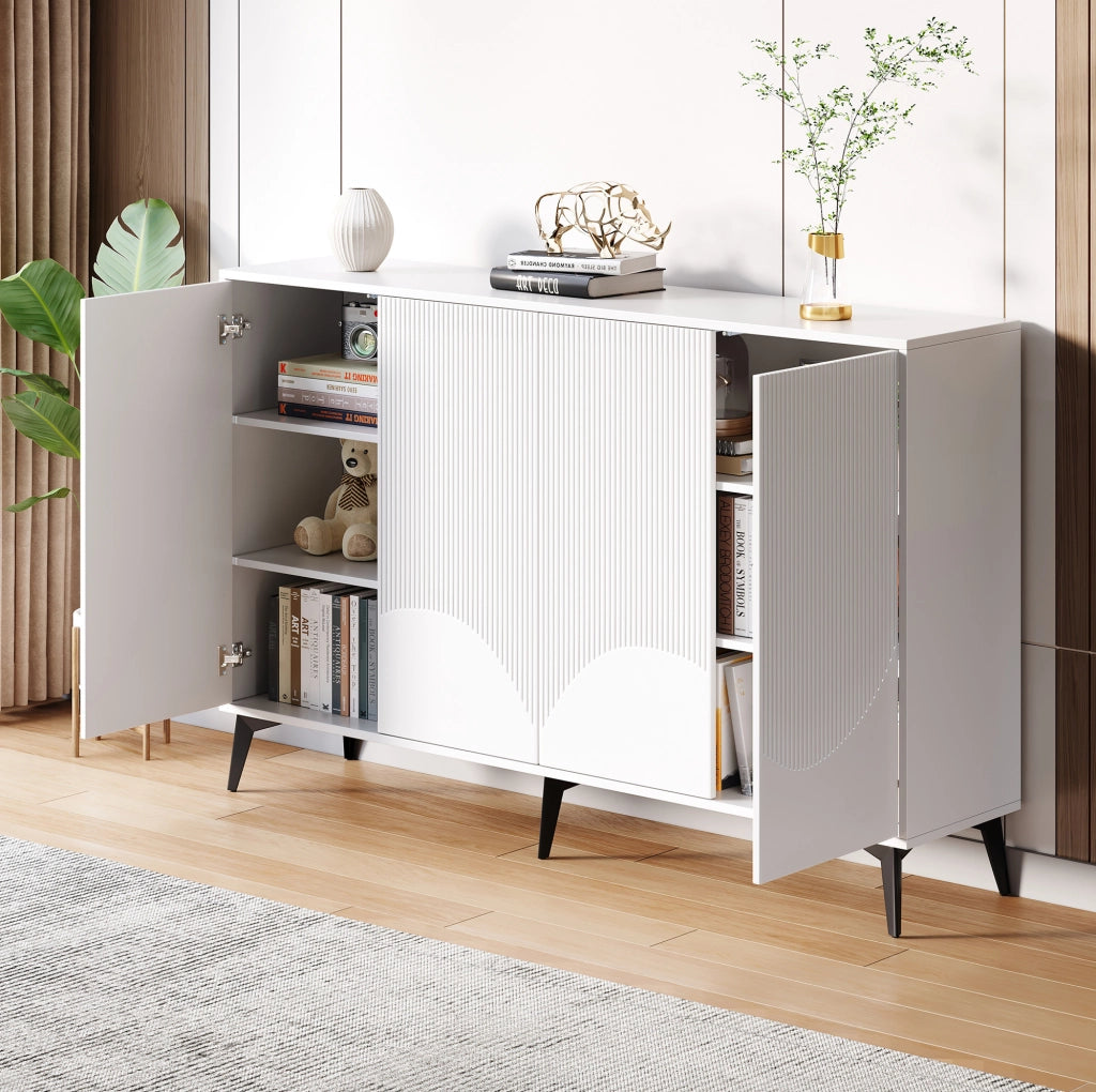 Credenza moderna bianca 160 cm con 4 ante; ripiani regolabili e struttura in metallo