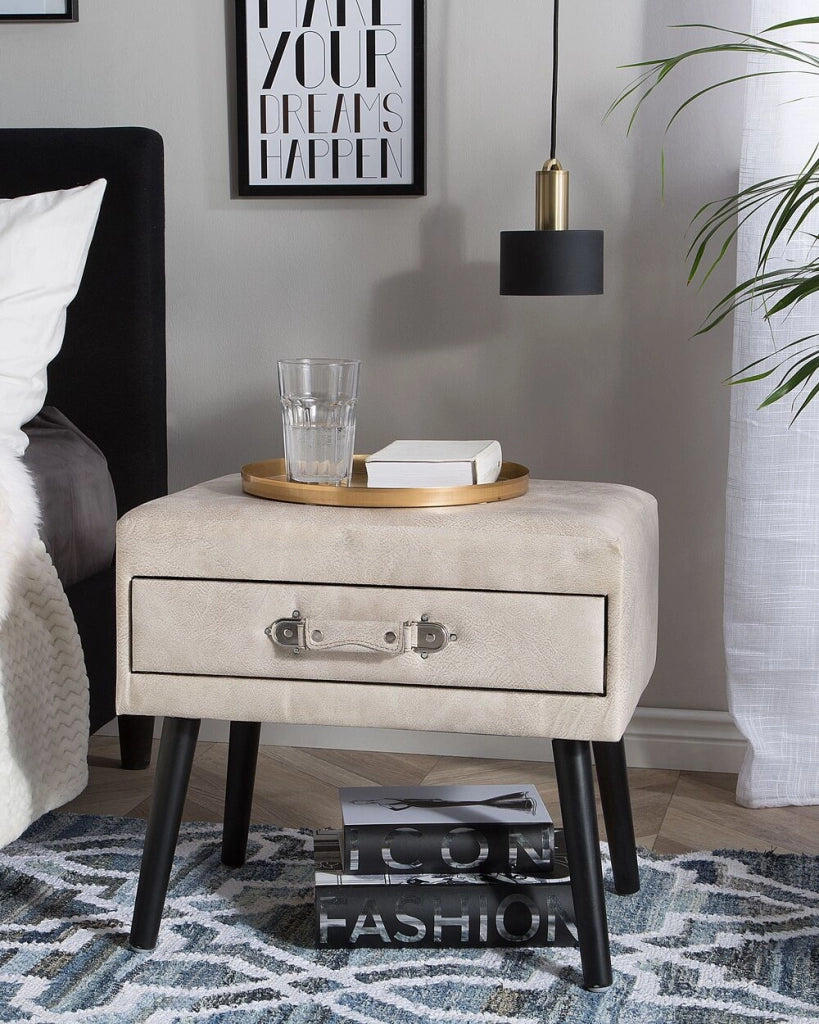 Tavolino con contenitore in ecopelle beige gambe nere 46 x 50 x 35 cm Valigia