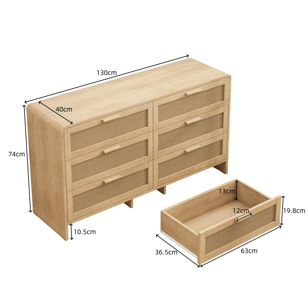 CASSETTIERA 130 cm in rattan naturale con 6 cassetti e angoli arrotondati