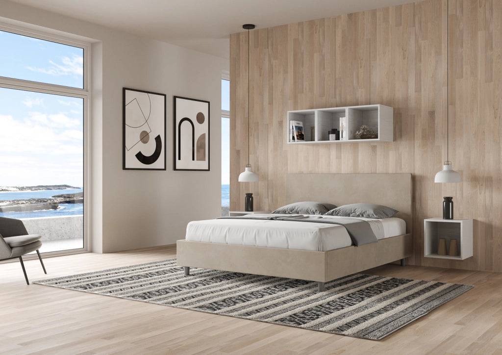 BS COM Letto queen size contenitore imbottito 150x190 microfibra sabbia