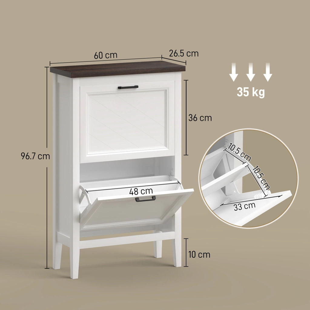 Scarpiera con 2 Cassetti Ribalta e Ripiani Regolabili ¨C Zephmum ¨C Bianco
