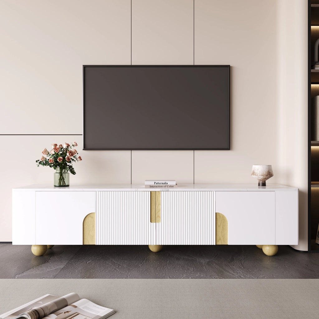 Cassettiera per TV bianca e legno; MDF e truciolare; lunghezza 180 cm