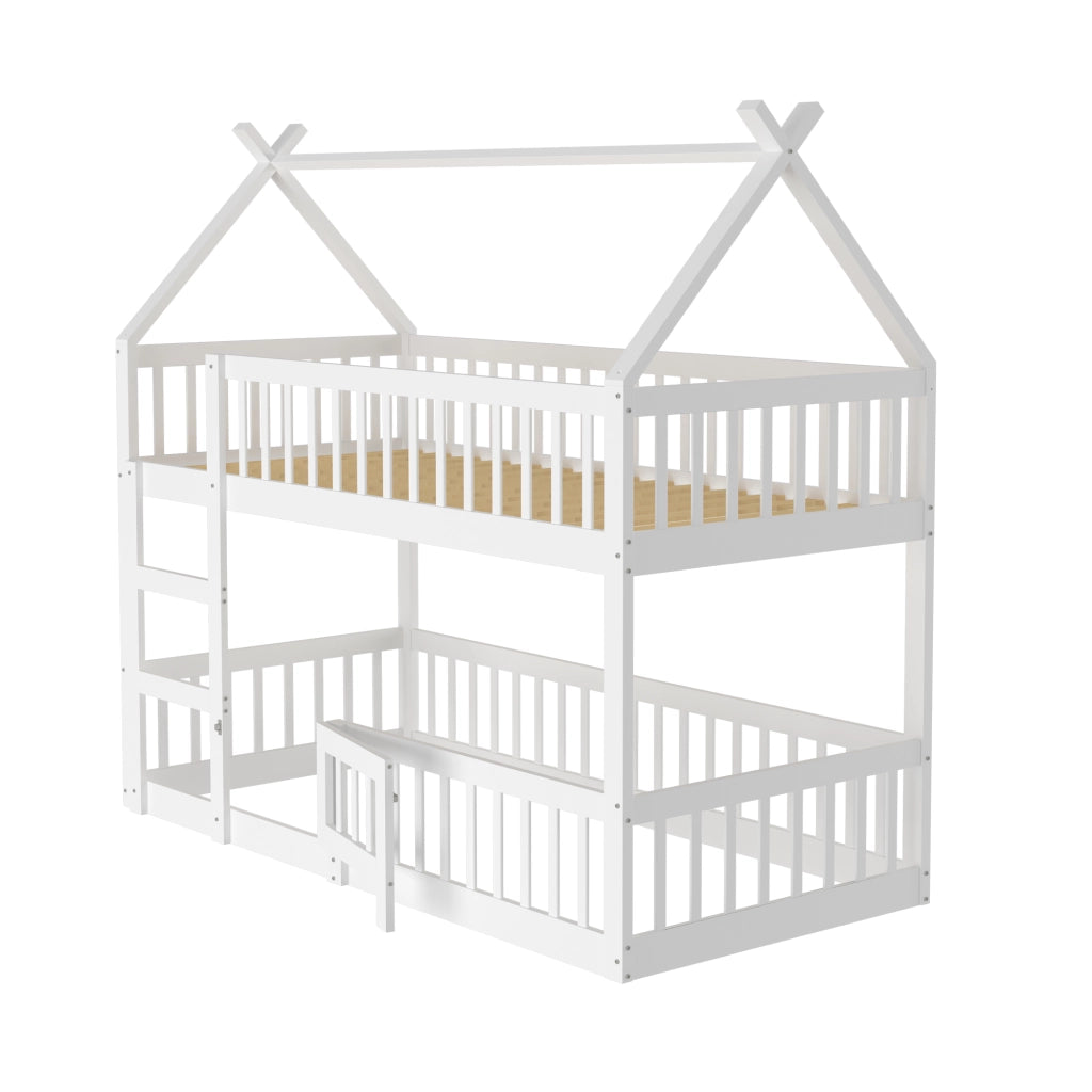 Letto a castello per bambini - Zephmum- 90x200, design loft, struttura in legno massello, bianco