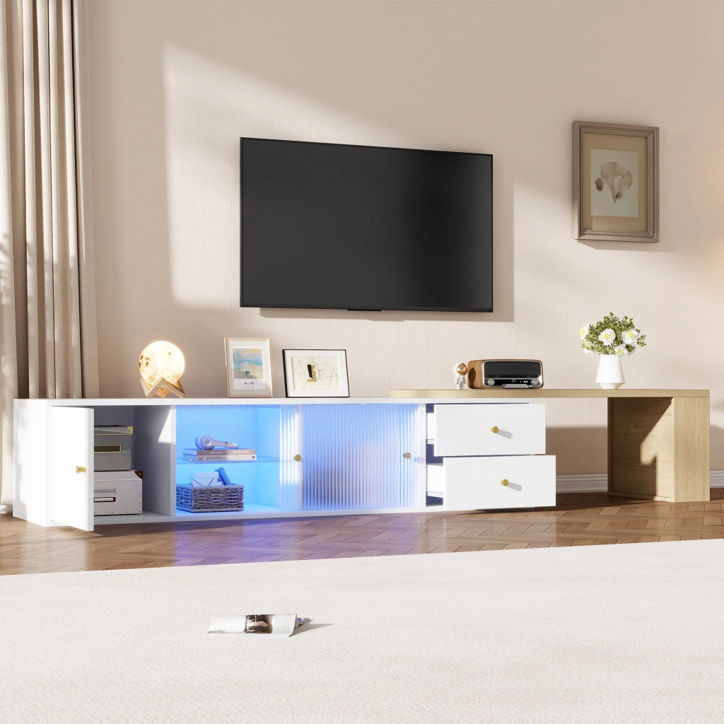 Mobile TV Estensibile 175x40x38 cm Bianco Legno con LED RGB, 2 Cassetti e Ante in Vetro Scorrevoli