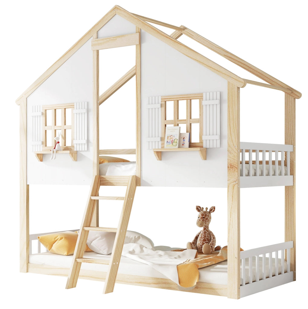 Letto a castello per bambini 90x200 cm con tetto e finestre