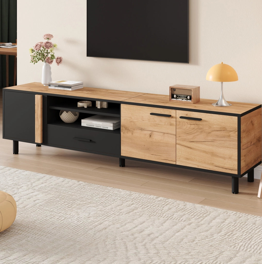Mobile TV 180x32.5x50 cm con 3 ante; 1 cassetto e ripiano semichiuso in truciolare nero e naturale