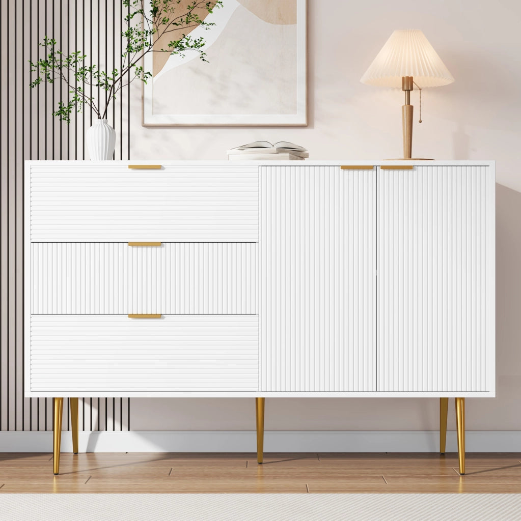 Sideboard moderno 120x38x80;5 cm in MDF bianco e oro con 3 cassetti e 2 ante
