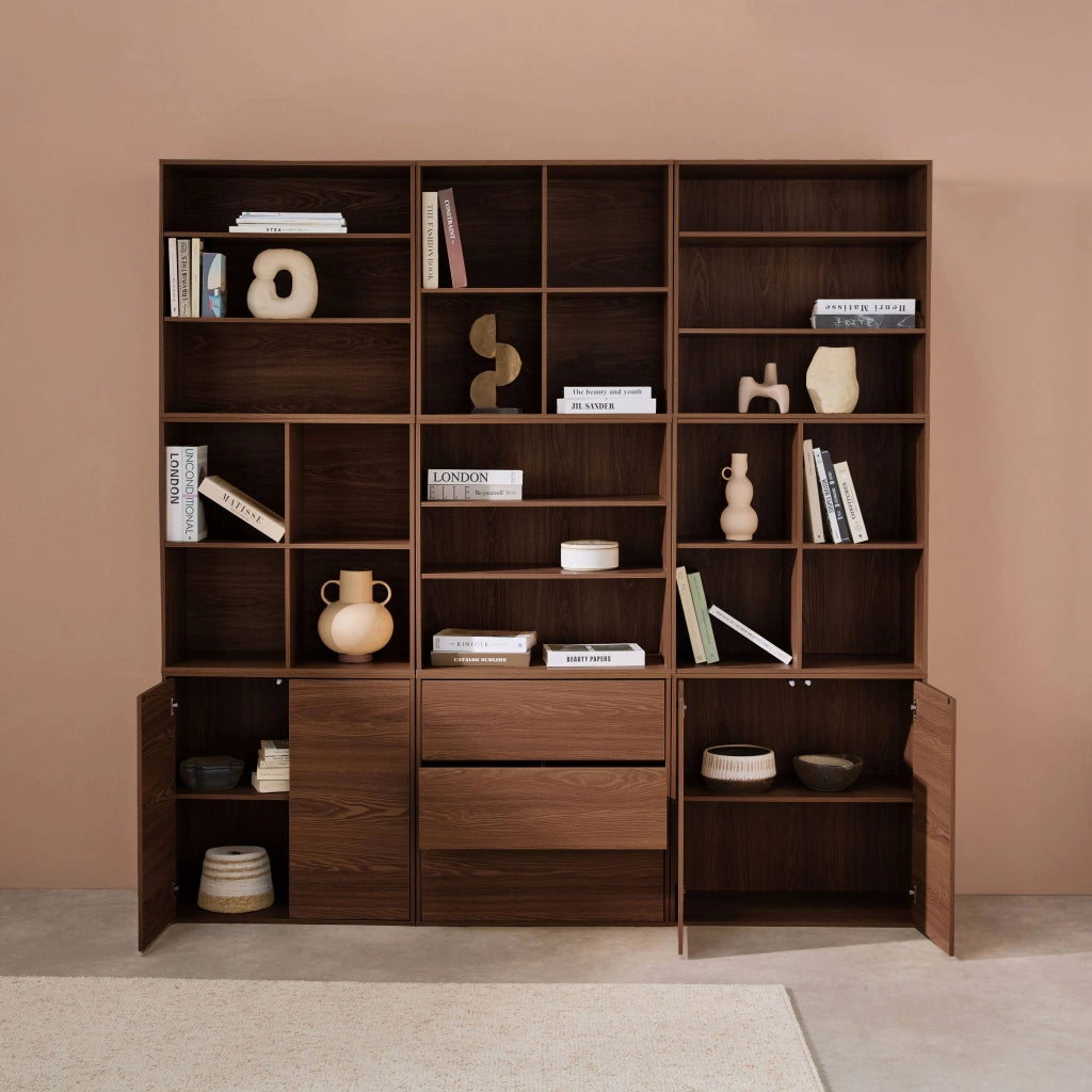 Libreria modulabile decorazione legno 9 elementi, noce