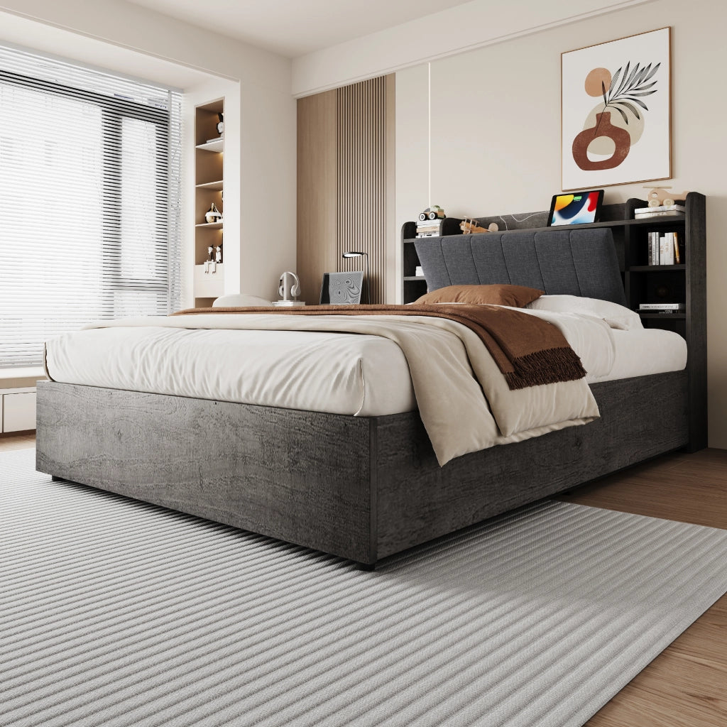 Letto contenitore 180 × 200 cm con sollevamento idraulico, USB e Type-C, ripiani, senza materasso, grigio