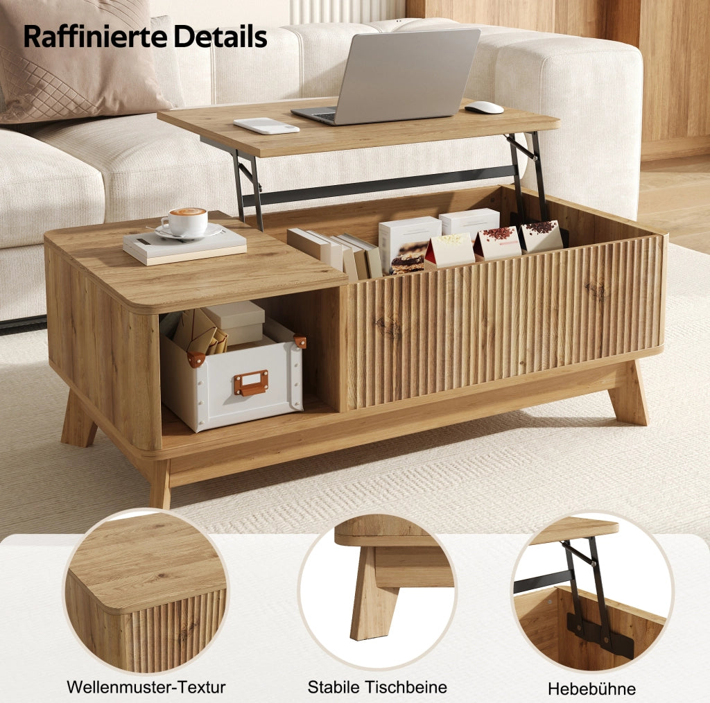 Tavolino da salotto con piano sollevabile 95x48x50 cm in MDF naturale; con vano portaoggetti