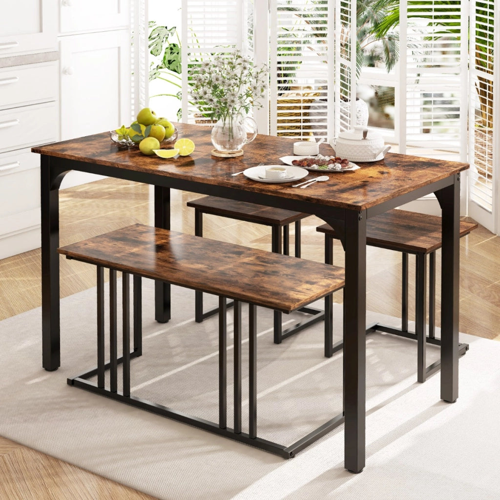 Set di tavolo da pranzo da 4 pezzi per 4 persone, Tavolo da cucina con panca e 2 sgabelli con struttura in metallo Marrone