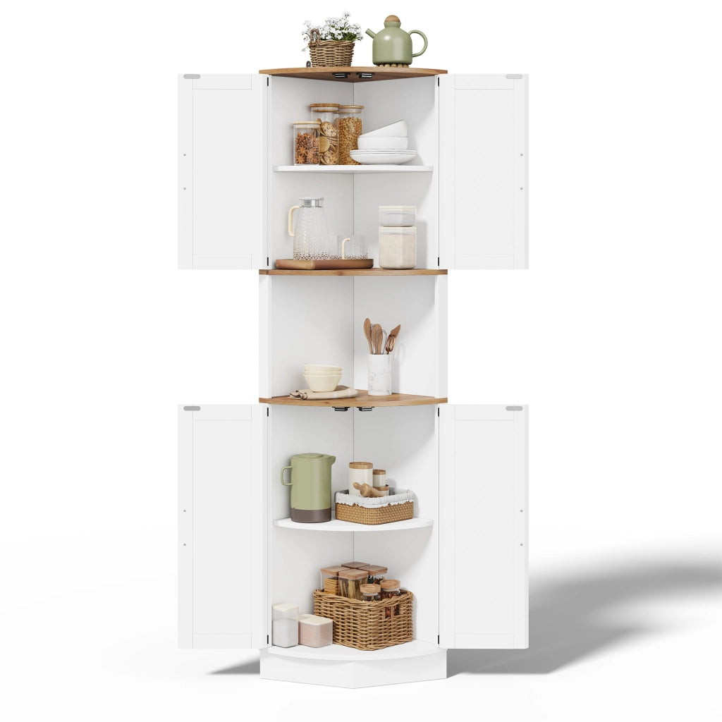 Mobile Angolare 39,5x39,5x180 cm Bianco con 5 Vani, Ante, Ripiani e Sistema Antiribaltamento