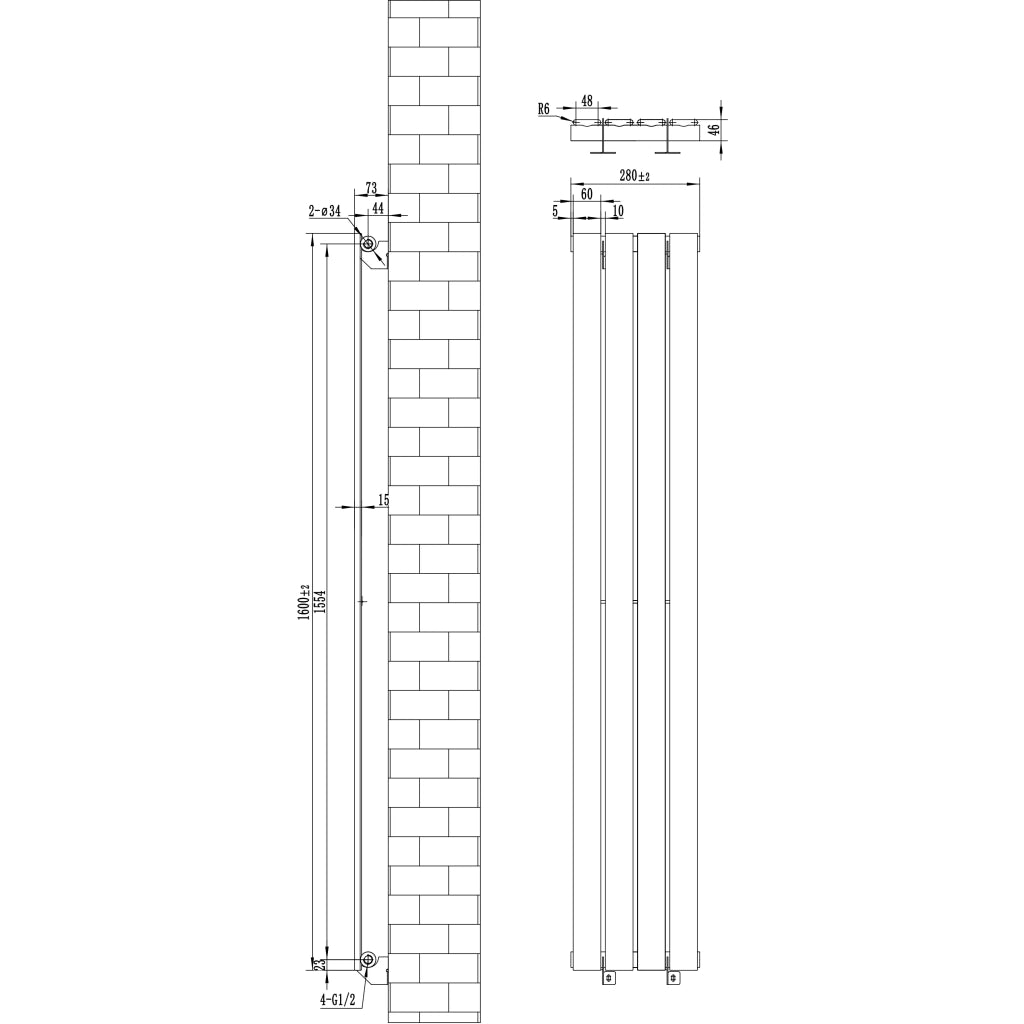 Radiatore Verticale Design Piatto Colonna Singola Antracite 1600x280 mm