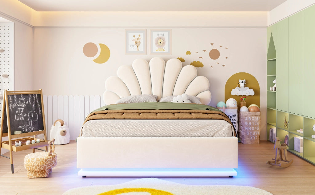 DESMIU Letto contenitore 140 × 200 cm 2 posti con vano idraulico e LED, senza materasso, in velluto, beige