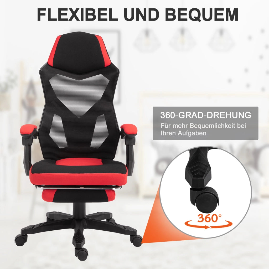 Sedia da gaming, sedia ergonomica da scrivania con poggiapiedi, regolabile in altezza, in poliestere, nero/rosso, 58 x 72 x 112-122 cm, per ufficio e