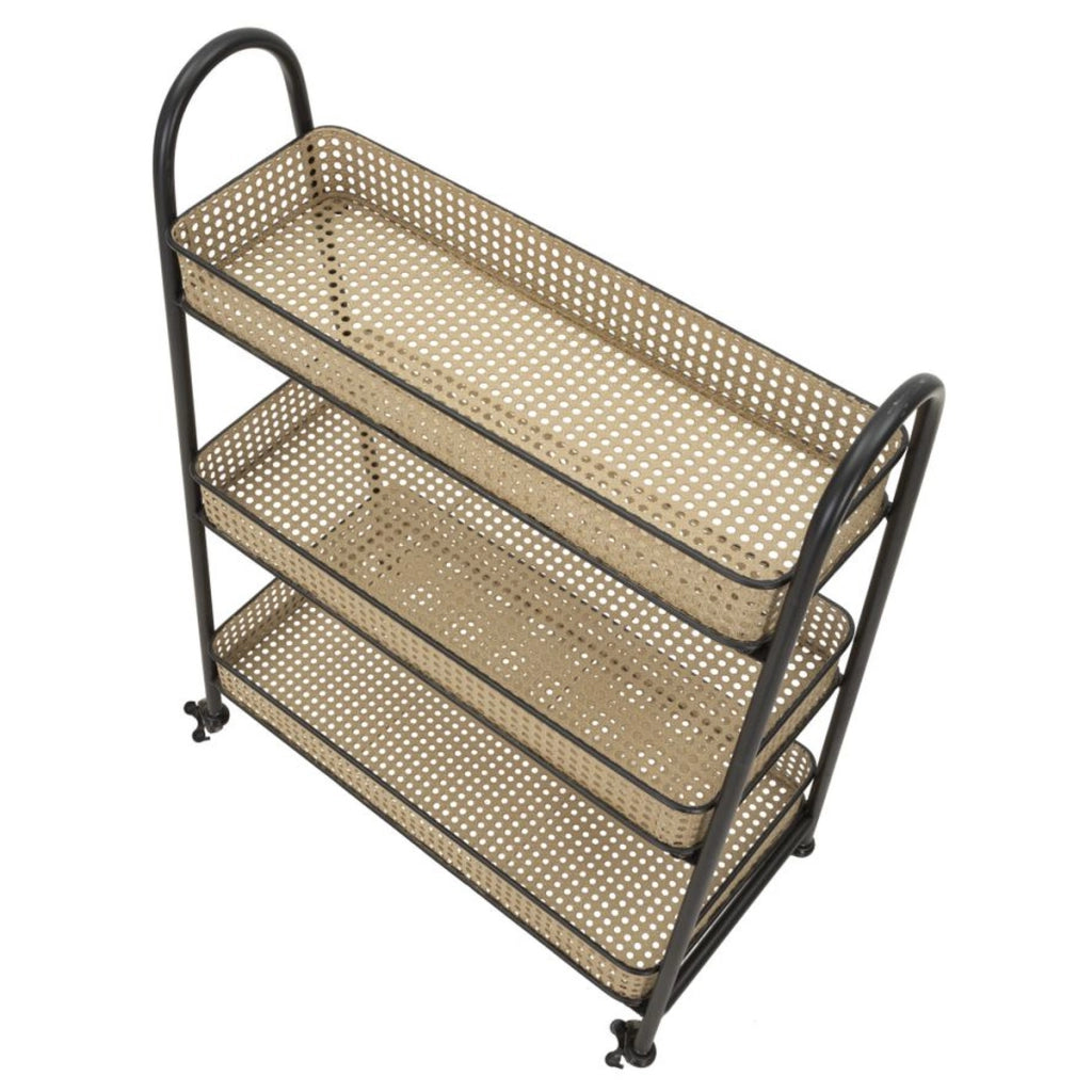 Carrello Fuji a 3 cesti in rattan e ferro nero su ruote — 60x30x80 cm