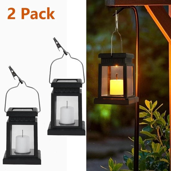 Set di 2 Lampioni Solari - Luminarie a LED Sospese Idrorepellenti per Giardino e Tavolo - Illuminazione Esterna con Effetto Fiamma