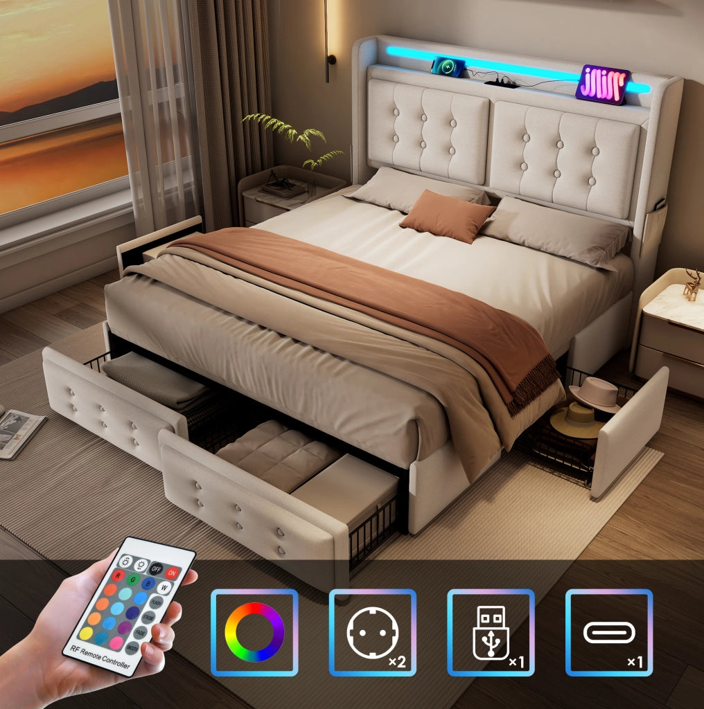 Letto imbottito 180x200 cm in cotone e lino; con LED; USB e 4 cassetti; beige