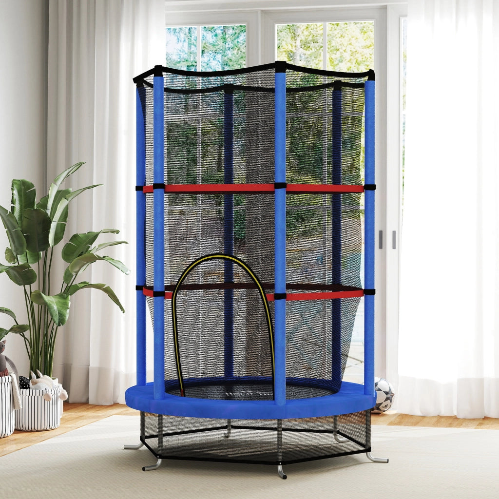 Tappeto Elastico per Bambini 3-6 Anni con Rete di Protezione, 6 Colonne e 3 Ingressi, ?140x190 cm, Blu e Nero