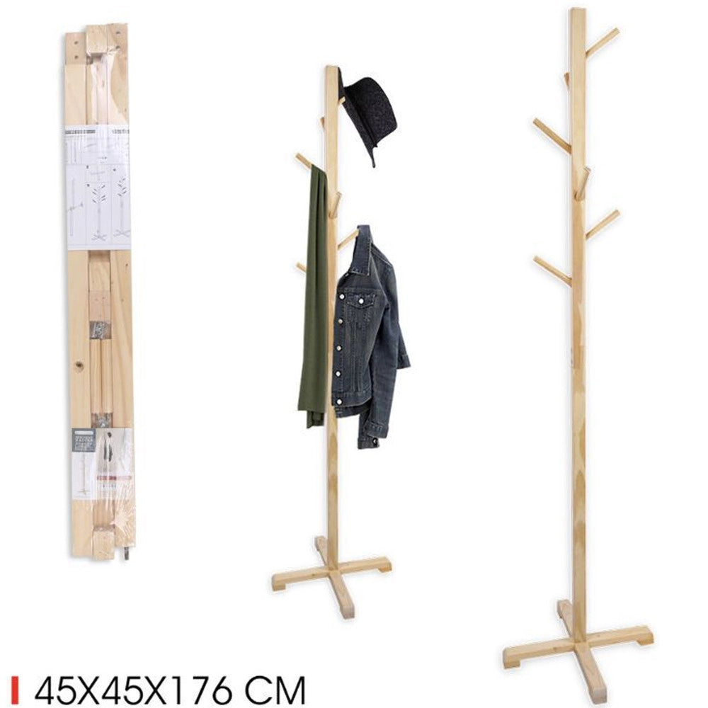 Trade Shop - Attaccapanni Appendiabiti A Piantana Terra In Legno Naturale 6 Ganci 45x45x176cm -